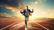 © ittipol - businessman sprinting across the finish line on a track, representing the culmination of a competitive business challenge,generative ai