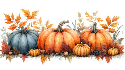 Watercolor Pumpkin and Autumn Leaf Border for Fall Designs