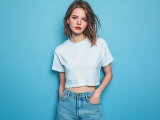 Wall Mural - Young woman in a white t-shirt poses against a blue background