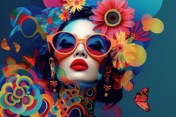 A digital art piece of an Asian woman wearing vibrant sunglasses, surrounded by colorful abstract elements and patterns.