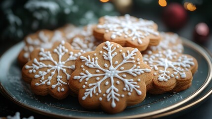 A beautiful assortment of gingerbread cookies shaped like snowflakes sits elegantly on a plate, perfect for holiday gatherings