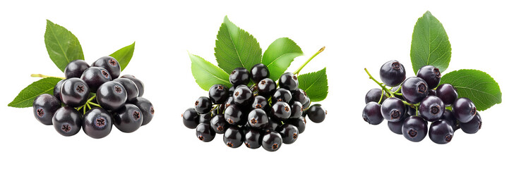 Wall Mural - A Set of bunch of ripe aronia berries with green leaves, isolated on a transparent background