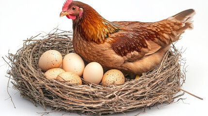 A brown hen sits in a nest with eggs. The nest is isolated on a white background. --ar 16:9 --v 6.1 Job ID: bcc7cc06-c0b0-43f1-991f-fc92c3bc3981