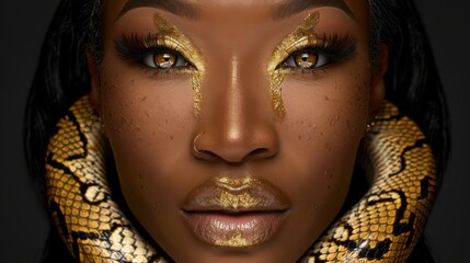 Portrait of a woman with gold makeup and a snake around her neck, highlighting beauty and strength.