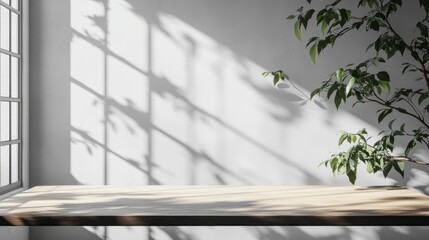 Aufkleber - Soft sunlight casts intricate shadows on a wooden tabletop, inviting serenity into the minimalist space