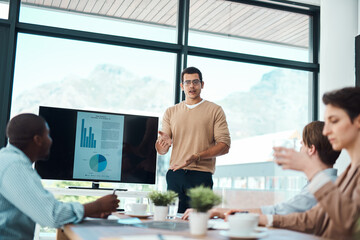 Poster - Data, business people and group presentation on monitor for training, creative or analysis. Team, speaker and manager on screen with finance stats, profit kpi or news sales with journalist in startup