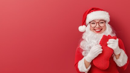 Wall Mural - Jolly Female Santa Claus Spreading Holiday Cheer with Stocking and Gift Box in Hand, Generative Ai