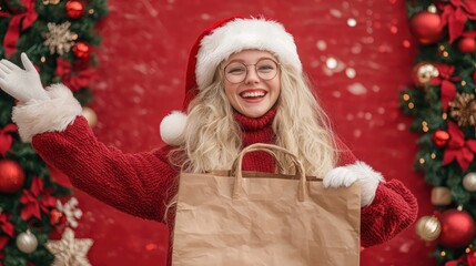 Wall Mural - Cheerful Female Santa Claus with Holiday Shopping Bag in Festive Background, Generative Ai