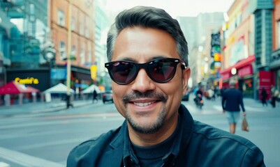 Wall Mural - Portrait of a smiling man with sunglasses on the street of New York City