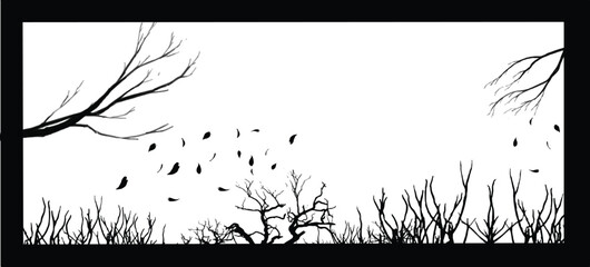silhouette of dead forest, a black and white photo of a forest with a tree branch and leaves falling