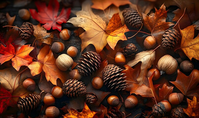 Poster - Autumn leaves, cones, acorns, and chestnuts, natural arrangement, warm tones