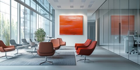Poster - Detailed image of a corporate office with consistent brand colors and elements, capturing the integration of branding in business environments