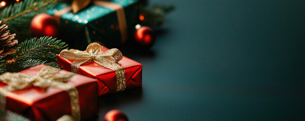 A Christmas tree with two red boxes on top and a green box below