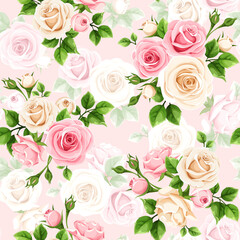 Wall Mural - floral seamless pattern with pink and white roses. vector vintage floral print