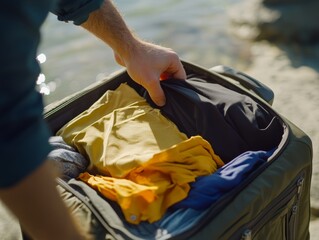 Close up shot of man s hands preparing and packing travel suitcase for vacation trip