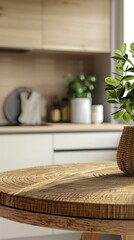 Aufkleber - A bright, inviting kitchen features a natural wooden table adorned with a vibrant potted plant, showcasing a peaceful ambiance