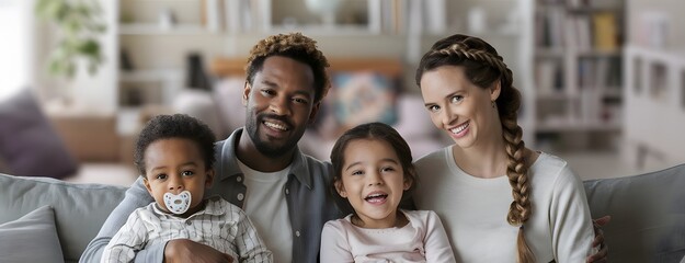 family, father, mother, parents, person, daughter, boy, together, sitting, living room, diverse family, couch, 