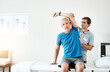 © peopleimages.com - Elderly, physiotherapist or man stretching in arm rehabilitation in office for knee injury for orthopedic support. Shoulder, senior or professional pt for physiotherapy, mobility or muscle recovery