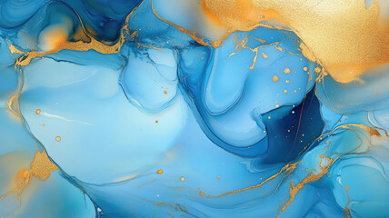Wall Mural - alcohol ink art marbling abstract blue gold bacground, high quality image