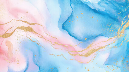 Wall Mural - abstract blue pink and metallic gold background, watercolor paint texture imitation, detailed and intricate image