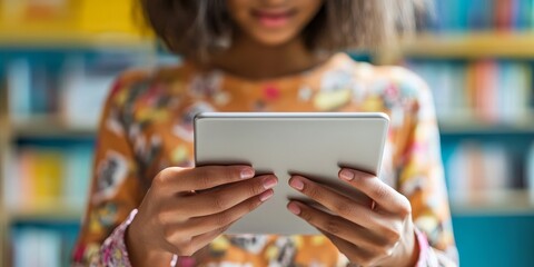 Aufkleber - Close-up of a teacher using a tablet to present digital lessons, showcasing the integration of technology in modern education