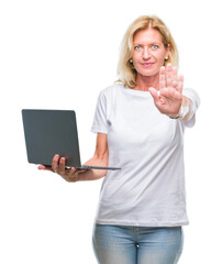 Canvas Print - Middle age blonde woman using computer laptop over isolated background with open hand doing stop sign with serious and confident expression, defense gesture