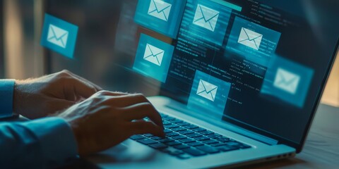 Close-up of a person typing a message on a laptop with email and chat windows open, highlighting the integration of online communication in daily tasks