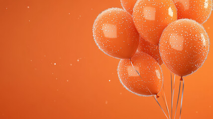 Wall Mural - a bunch of orange balloons floating in the air with water droplets on them on an orange background with space for a text or a logo, high definition photo