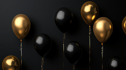 Wall Mural - black and gold balloons on a black background, high quality image
