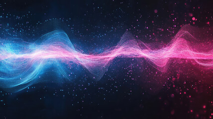 Sticker - image of abstract illustration of pink blue frequency signal waves as particles passing in medium against dark background, high quality image