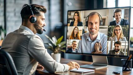 Virtual customer support representative helping clients in a professional workspace. Focus on building client relationships digitally. Photo stock concept.