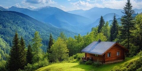 Wall Mural - Detailed image of a cozy cabin in a scenic mountain area, showcasing the charm and appeal of a tranquil travel destination