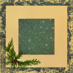 Wall Mural - Christmas winter greenery background border on grunge green with cedar fir leaf, pine cone decoration. Festive design for solstice, Yule, Xmas, New Year holiday season.