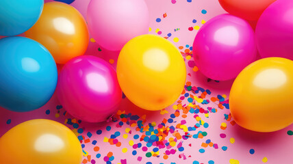Wall Mural - multicolored joyful birthday party background for kids, balloons and vibrant confetti banner, detailed high resolution photo
