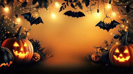 a beautiful background to promote halloween party with pumpkins, bats, lights and ornaments. create  ai, extremely detailed image