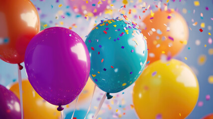 Wall Mural - energetic birthday party background for kids, featuring multi-colored balloons and vibrant confetti, high quality image