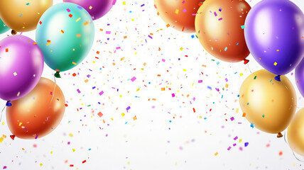 Wall Mural - banner for festive birthday celebration for kids, multi-colored balloons and bright confetti, detailed high resolution photo