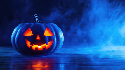 evil blue night pumpkin mystery horror scary background halloween table fear, detailed high resolution image