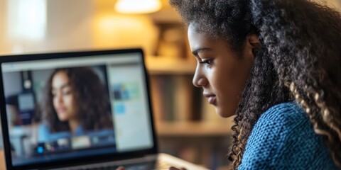 Aufkleber - Close-up of a student engaging in an online class on a laptop, with a focus on the screen displaying virtual lessons and interactive content