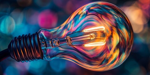 Macro shot of a lightbulb with vibrant, swirling colors inside, illustrating the metaphor of illumination and innovation in abstract art