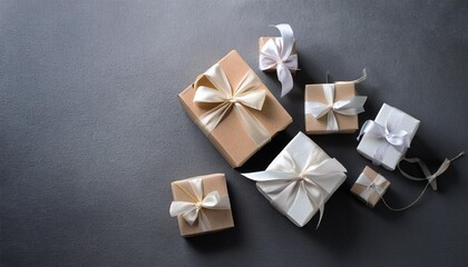 silver gift box with ribbon, christmas gift box with candle, gift box with golden ribbon and bow, gift box with a candle, gift box with ribbon, Black present boxes on gray backdrop with mock up place.