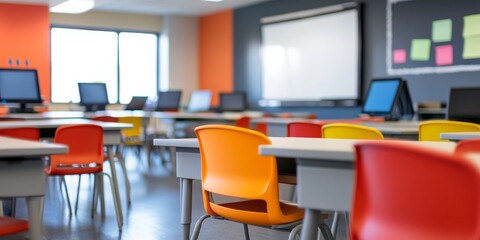 Aufkleber - Close-up of a modern classroom with interactive whiteboards and student desks, showcasing a dynamic and engaging learning environment