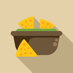 Wall Mural - Bowl of guacamole dip with tortilla chips flat design icon with long shadow