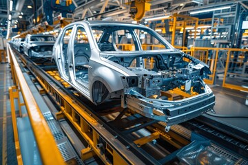 Wall Mural - Engineer Inspecting Weld Quality on Car Assembly Line in Modern Factory Setting