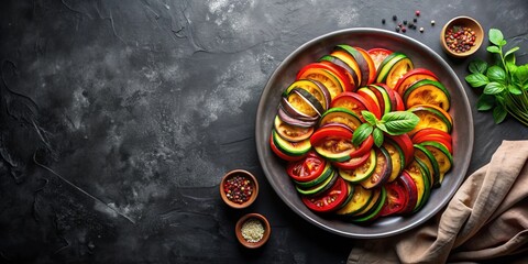 Ratatouille servido en un plato redondo, con rodajas de vegetales coloridos dispuestas en forma circular. Un plato vegetariano clásico, lleno de sabor y color, presentado sobre un fondo oscuro.