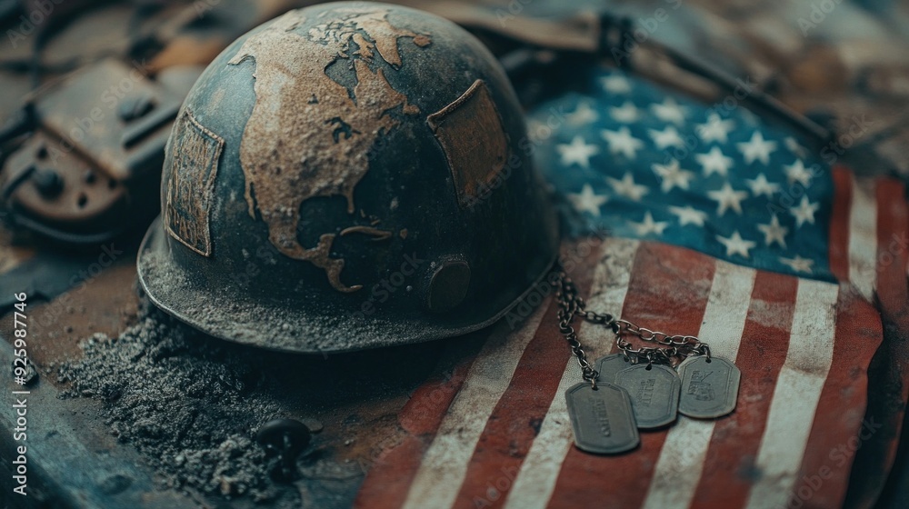 Military theme with a vintage style. A worn helmet rests on an American ...