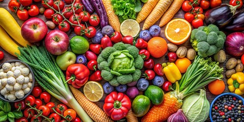 Wall Mural - Colorful assortment of fresh fruits and vegetables , produce, healthy, organic, nutrition, farm, market, ripe, vibrant