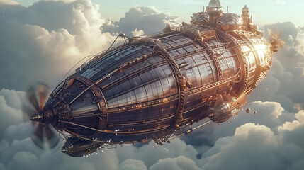 A huge steampunk airship 3d retro technology illustration fantastic wallpaper.