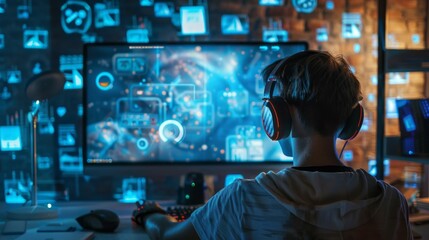 Poster - Engaging in an innovative digital learning experience, a young individual explores virtual landscapes with focused concentration