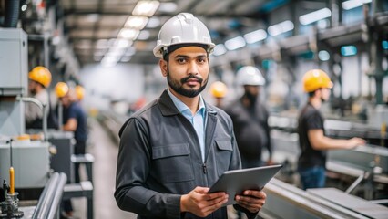 An Indian production line supervisor wearing a safety helmet and overseeing assembly operations.
